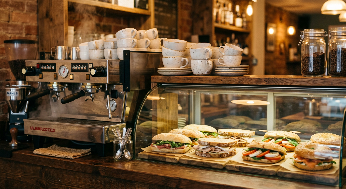 Cafe counter with an espresso machine, ceramic cups and sandwiches in a display