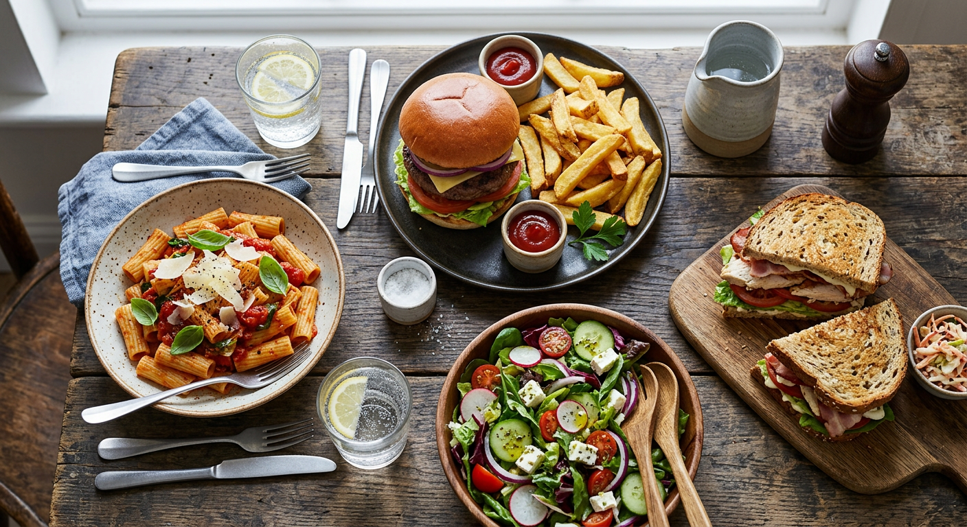 Overhead view of a burger, pasta, salad and sandwich on a wooden cafe table